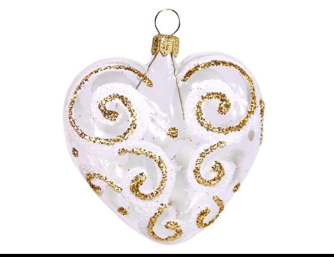 Ёлочное украшение сердечко кокетка, 65 мм, белое с золотом, елочка