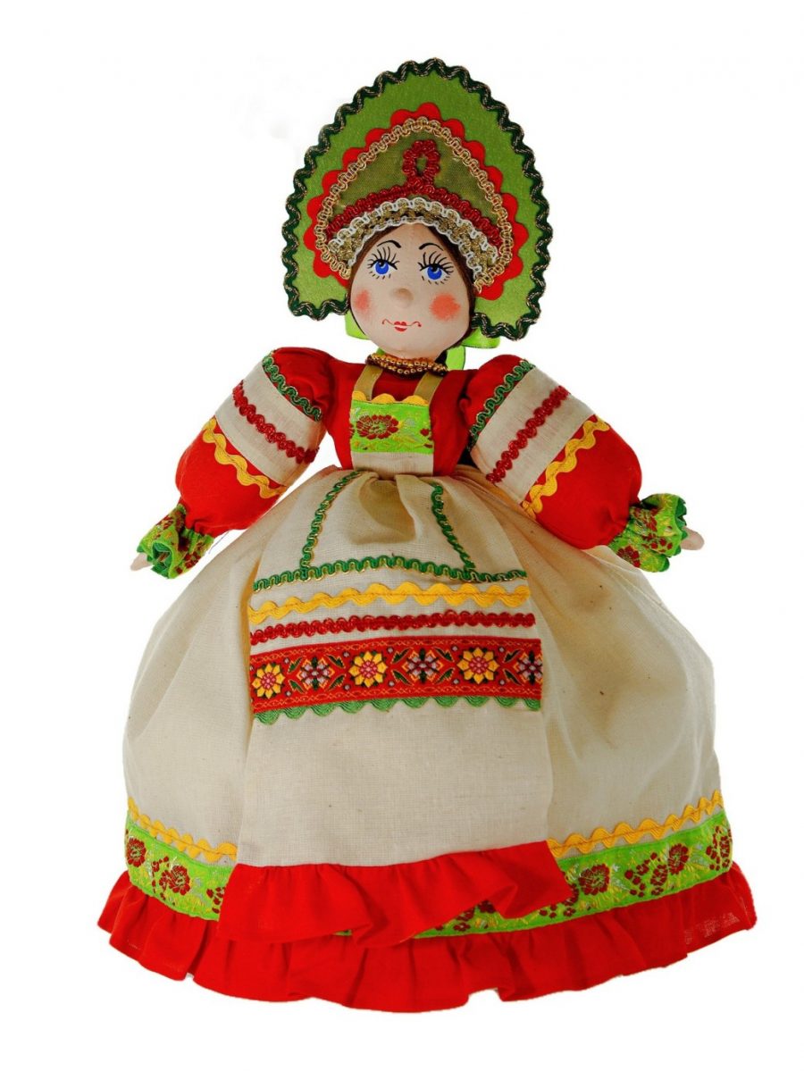Кукла интерьерная потешного промысла в русском костюме. баба на чайник.