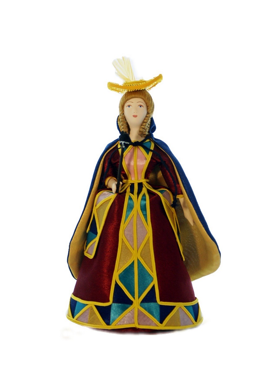 Кукла коллекционная потешного промысла дама в маскарадном костюме коломбина. 0002