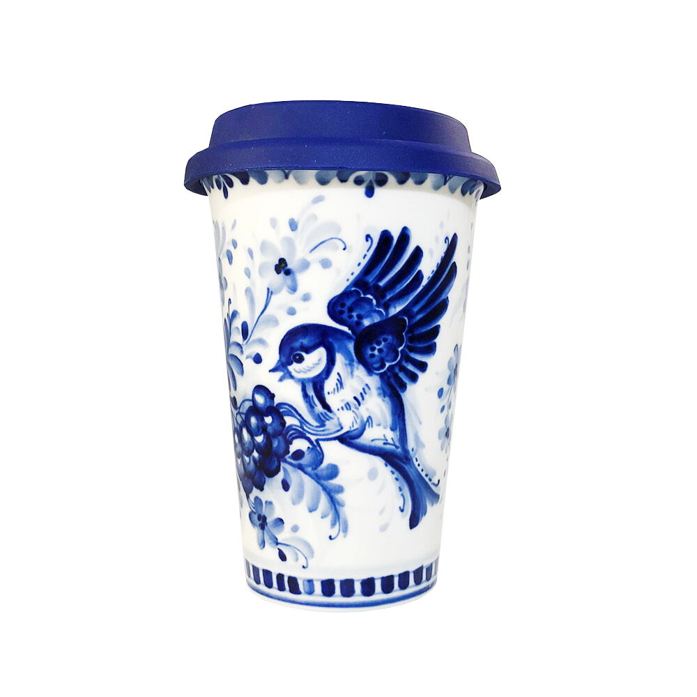 Авторский кофейный стаканчик с силиконовой крышкой №6 объем 400 мл. гжель ручная роспись