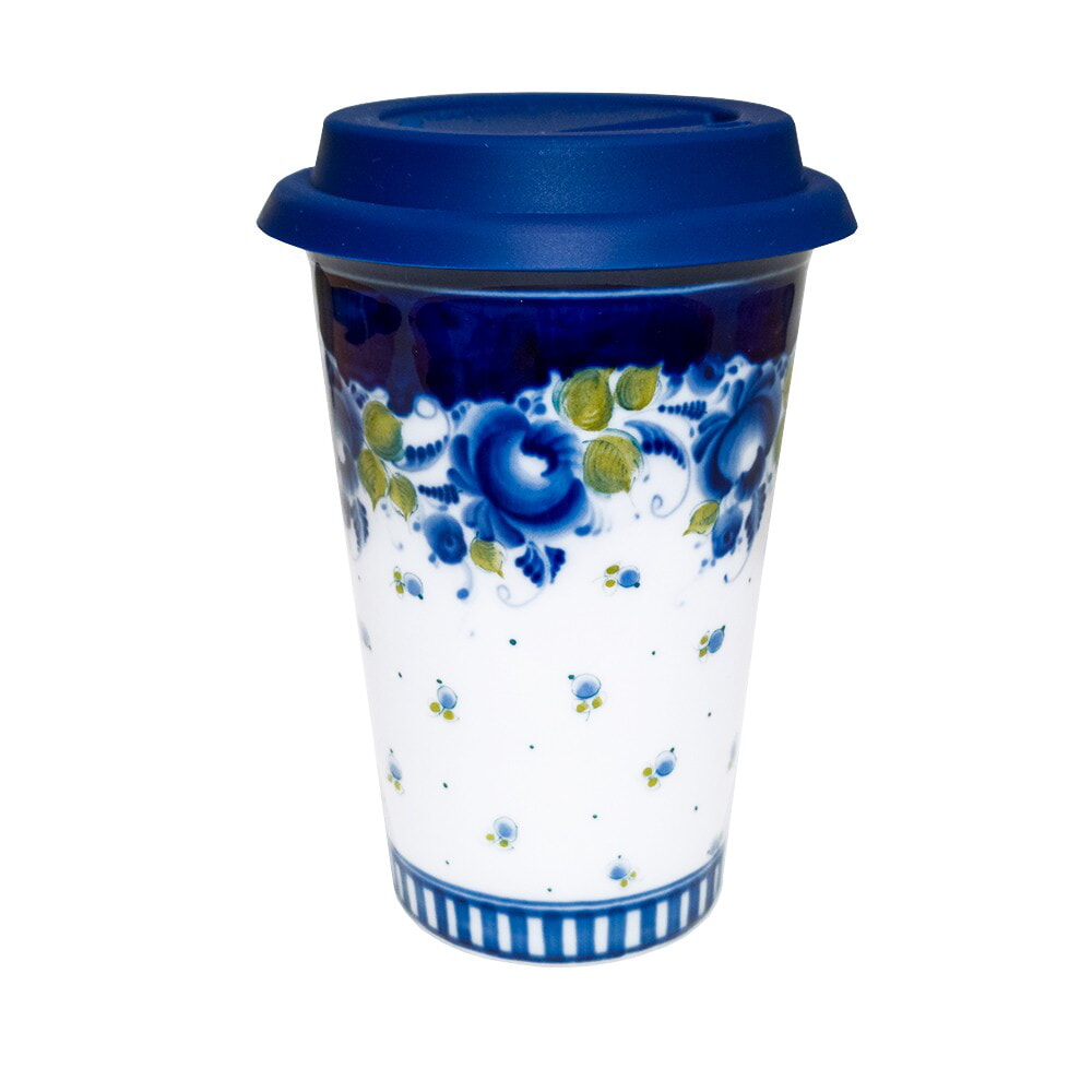 Авторский кофейный стаканчик с силиконовой крышкой №39 объем 400 мл. гжель ручная роспись