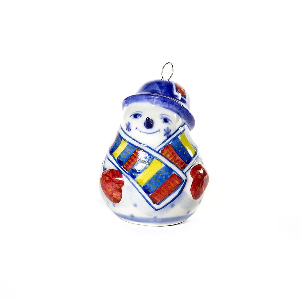 Ёлочная игрушка снеговичок (подглазурная цветная роспись) гжель ручная роспись