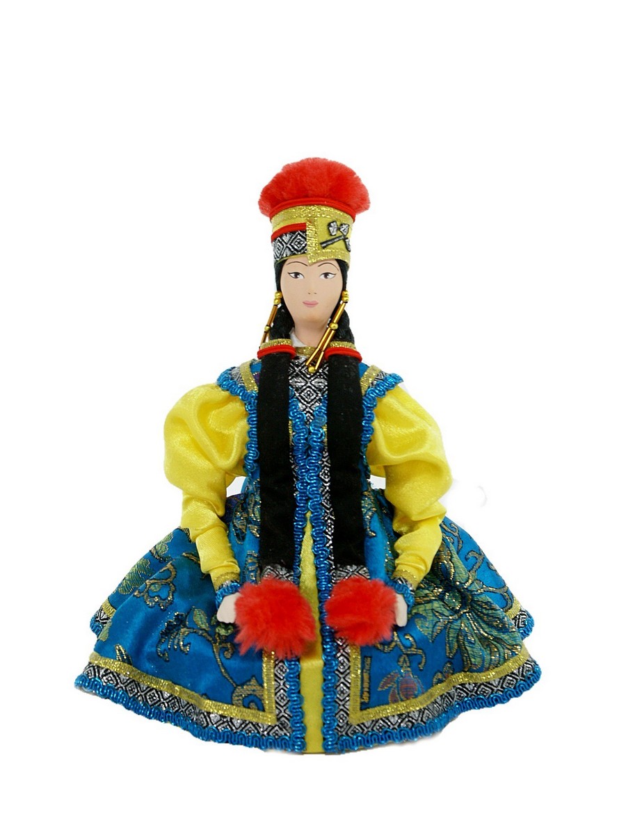 Кукла коллекционная потешного промысла калмычка в праздничном костюме девушки в сидячей позе