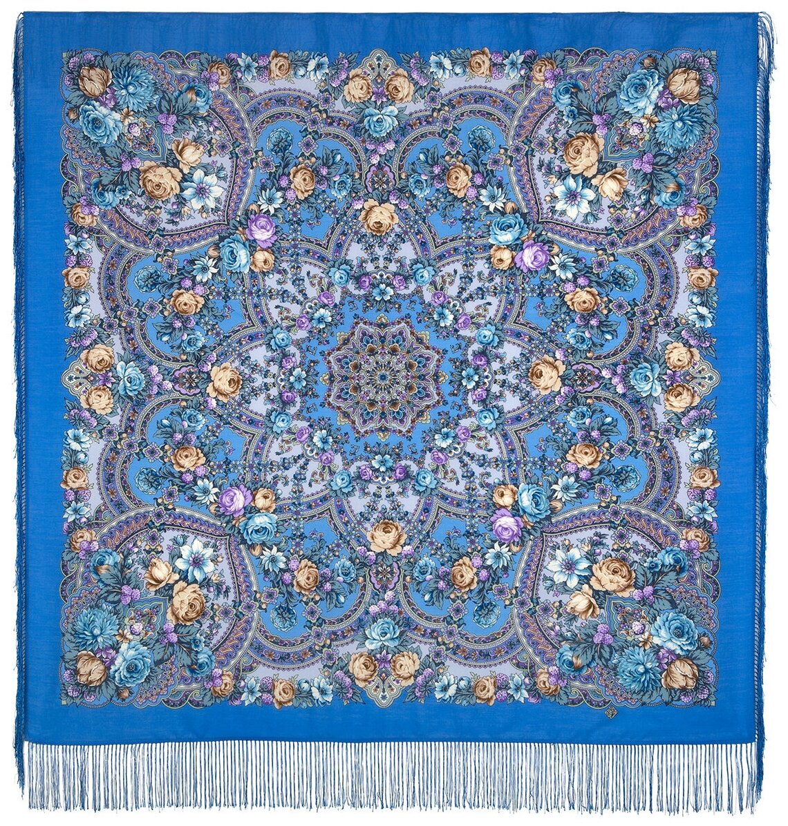 Павловопосадские платки/ шерстяной платок с шелковой бахромой, 1851 серебряный ручей, вид 13, синий