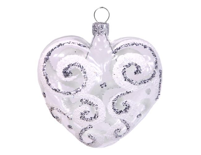 Ёлочное украшение сердечко кокетка, 65 мм, белое с серебром, елочка