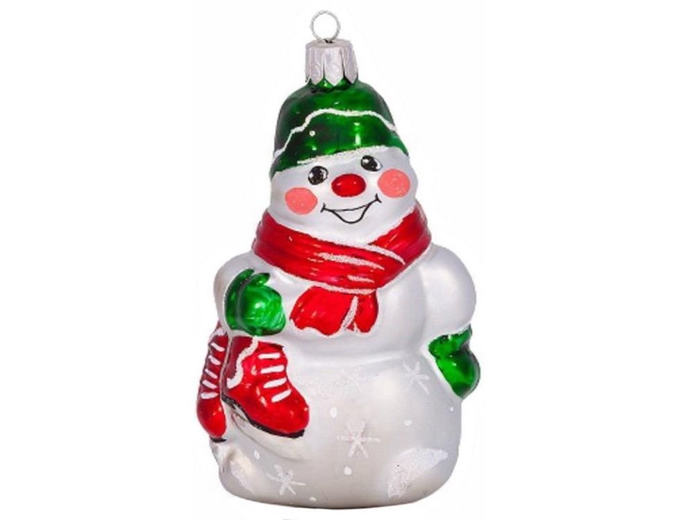 Елочная игрушка снеговик с коньками в красном шарфе, 80 мм, елочка