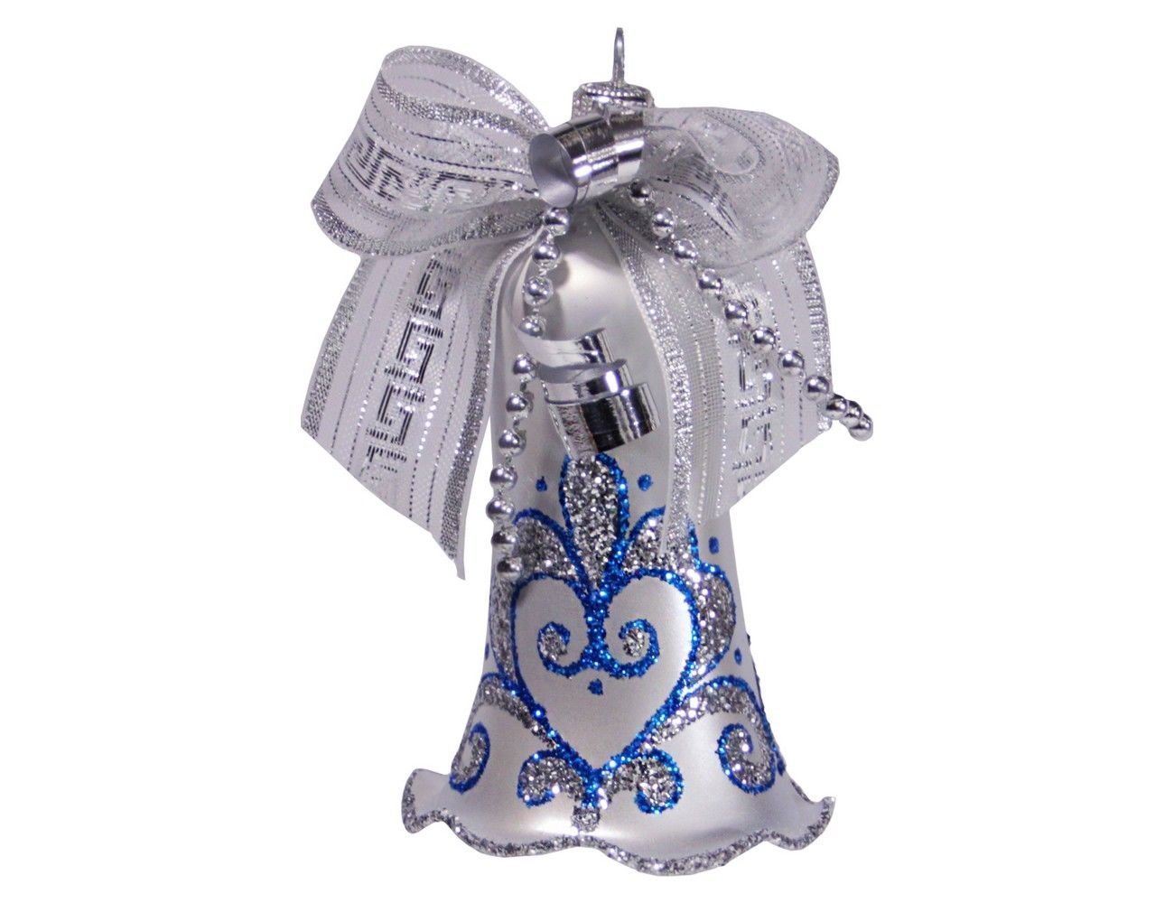 Елочное украшение колокольчик серебристый, синий орнамент, 85 мм, елочка