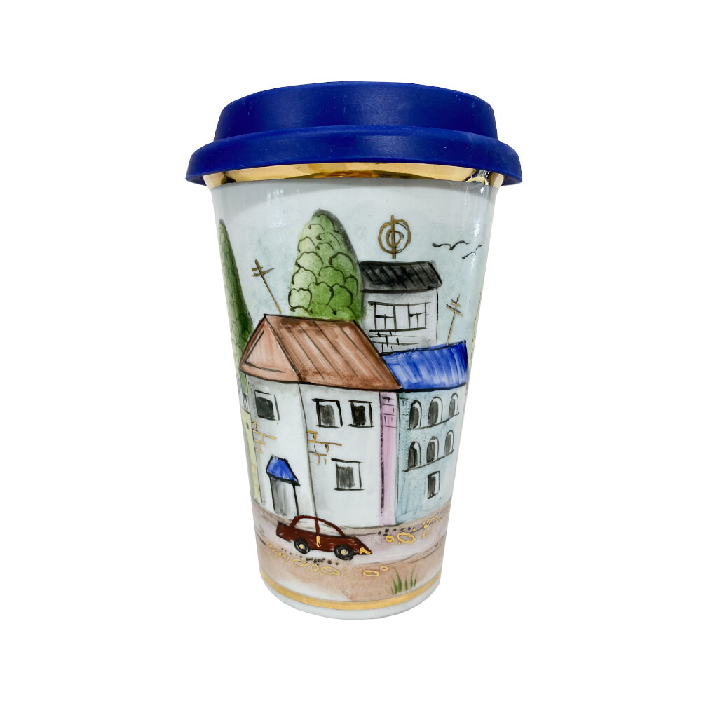 Авторский кофейный стаканчик с силиконовой крышкой №51 объем 400 мл. гжель ручная роспись