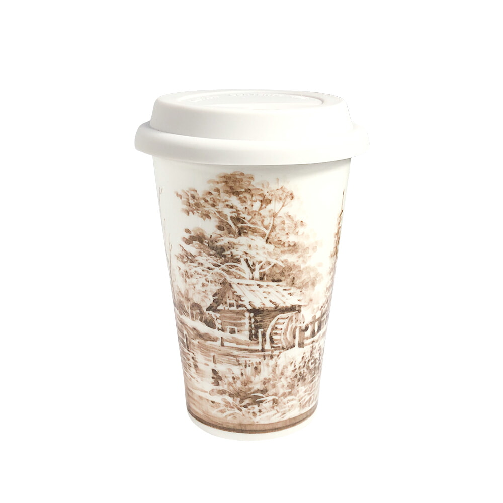 Авторский кофейный стаканчик в коричневой росписи титова объем 400 мл. гжель ручная роспись