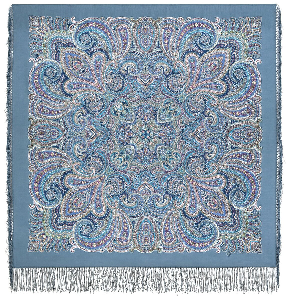 Павловопосадский шерстяной платок с шелковой бахромой, 1895 в ожидании праздника, вид 13, голубой