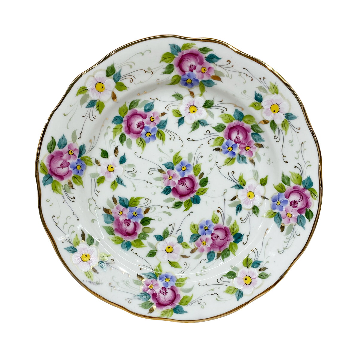 Тарелка пирожковая "цветной ситец" диаметр 18 см. гжель ручная роспись