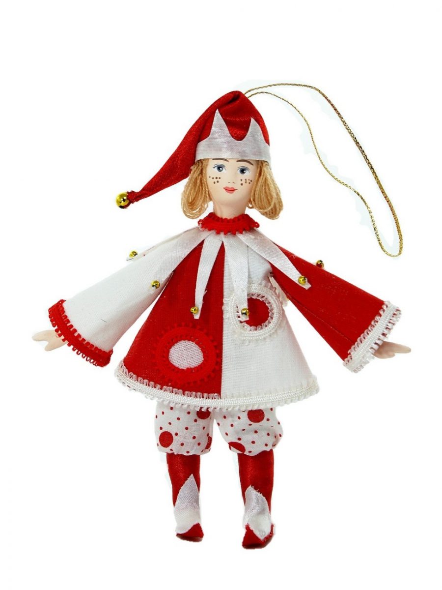 Кукла подвесная сувенирная фарфоровая в русском народном костюме петрушка (скоморох)