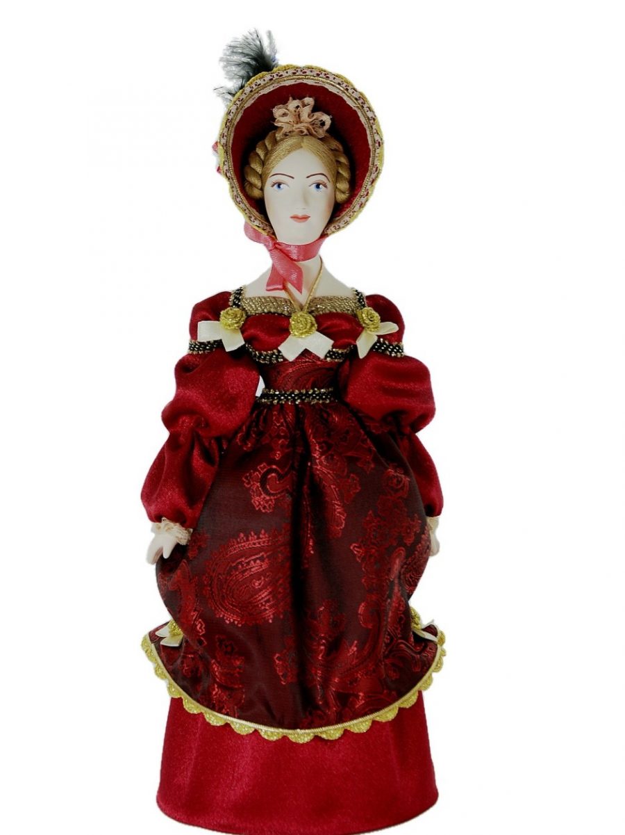Кукла коллекционная фарфоровая дама в прогулочном костюме.
