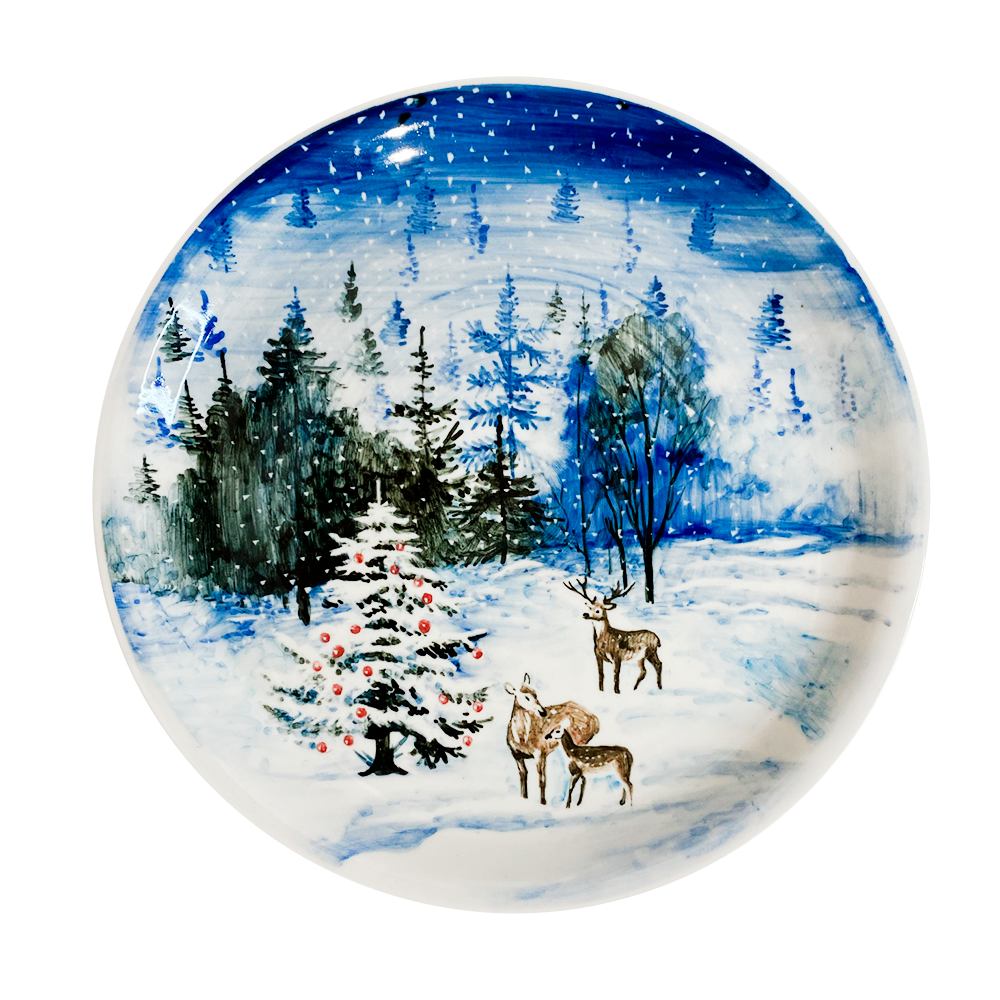 Тарелка подарочная в цветной росписи титова зимний лес диаметр 27 см. гжель ручная роспись