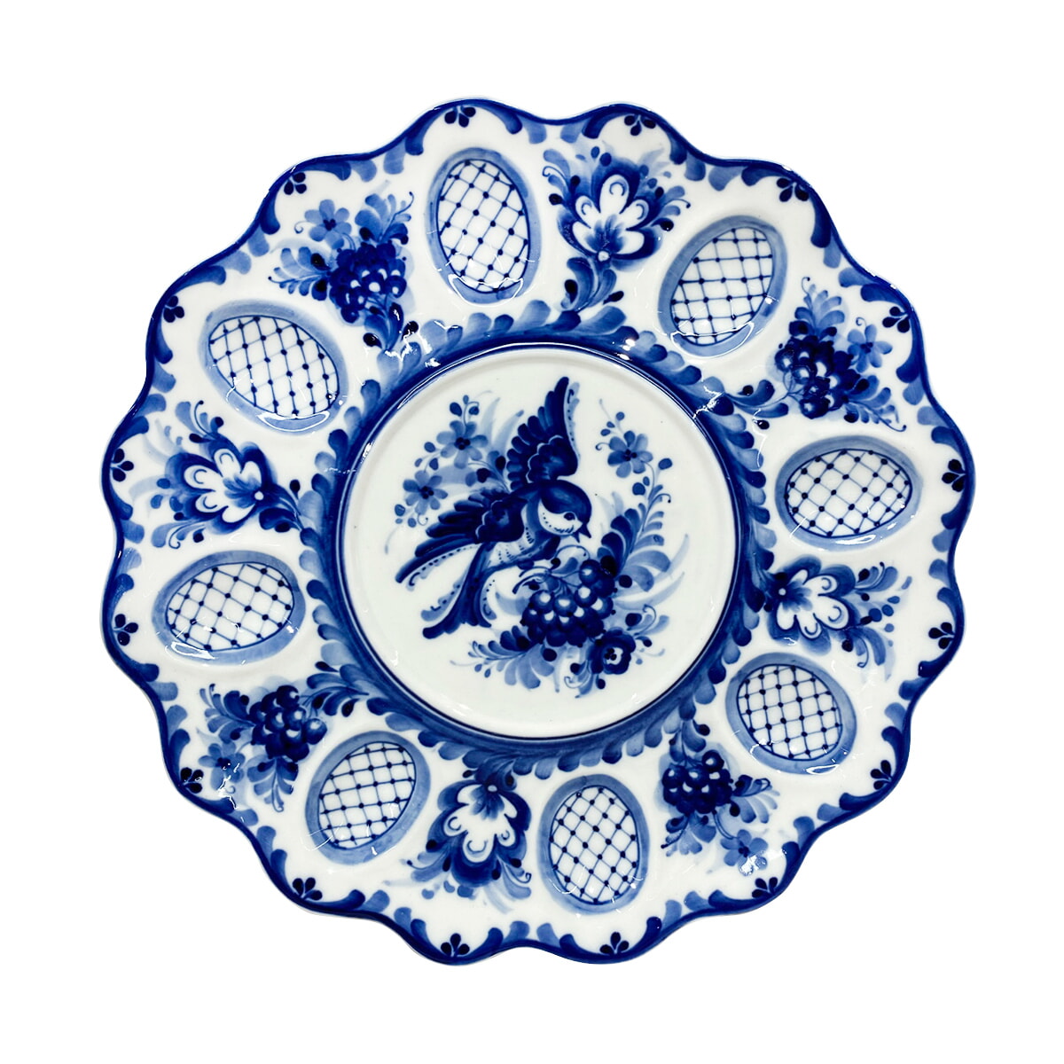 Тарелка для яиц синички диаметр 27 см. гжель ручная роспись